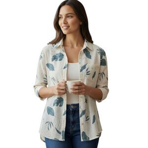 Anna Frank Leaf Print Button Front Shirt Womens Medium Cream Blue Lightweight